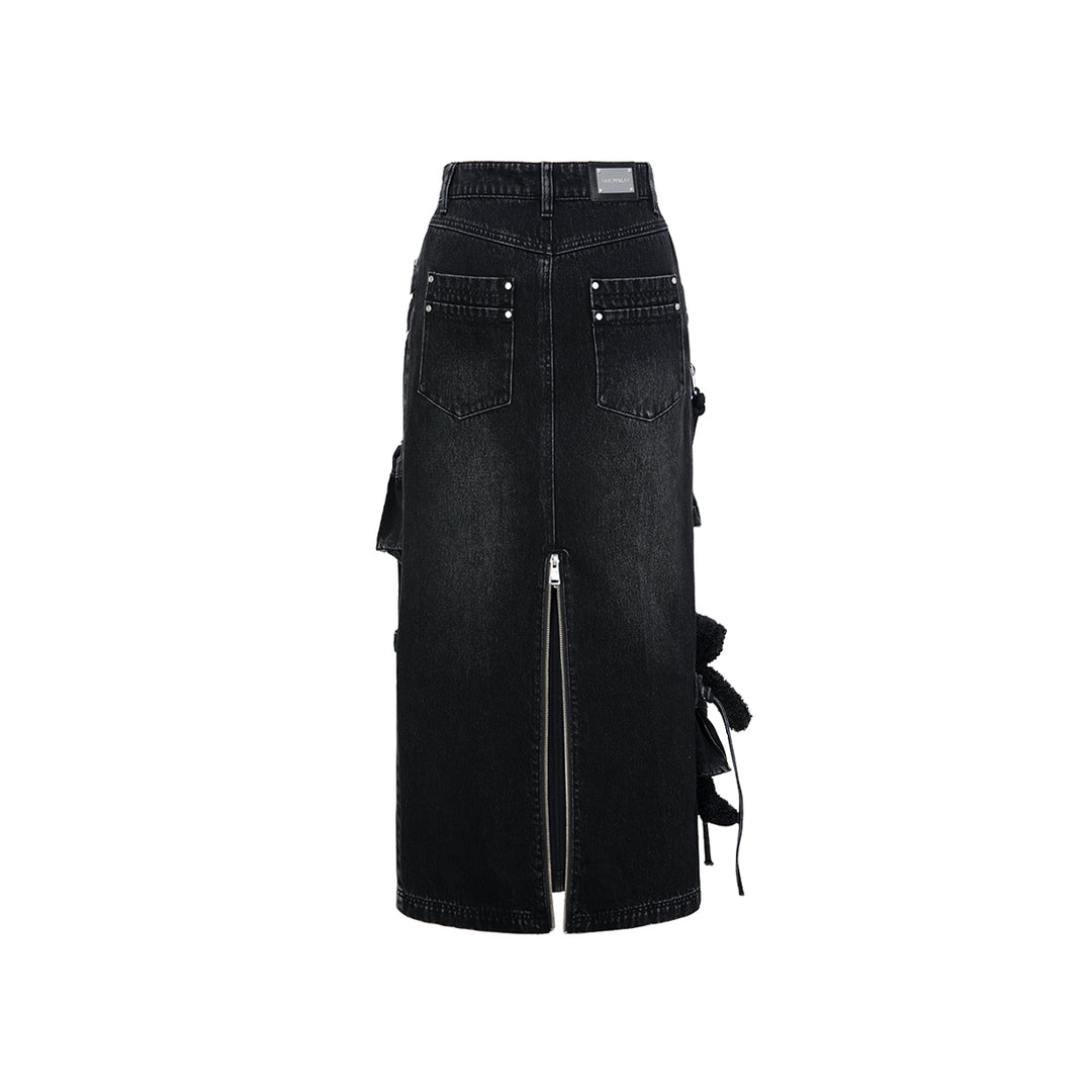 13De Marzo Bear Zipper Denim Cargo Long Skirt Black