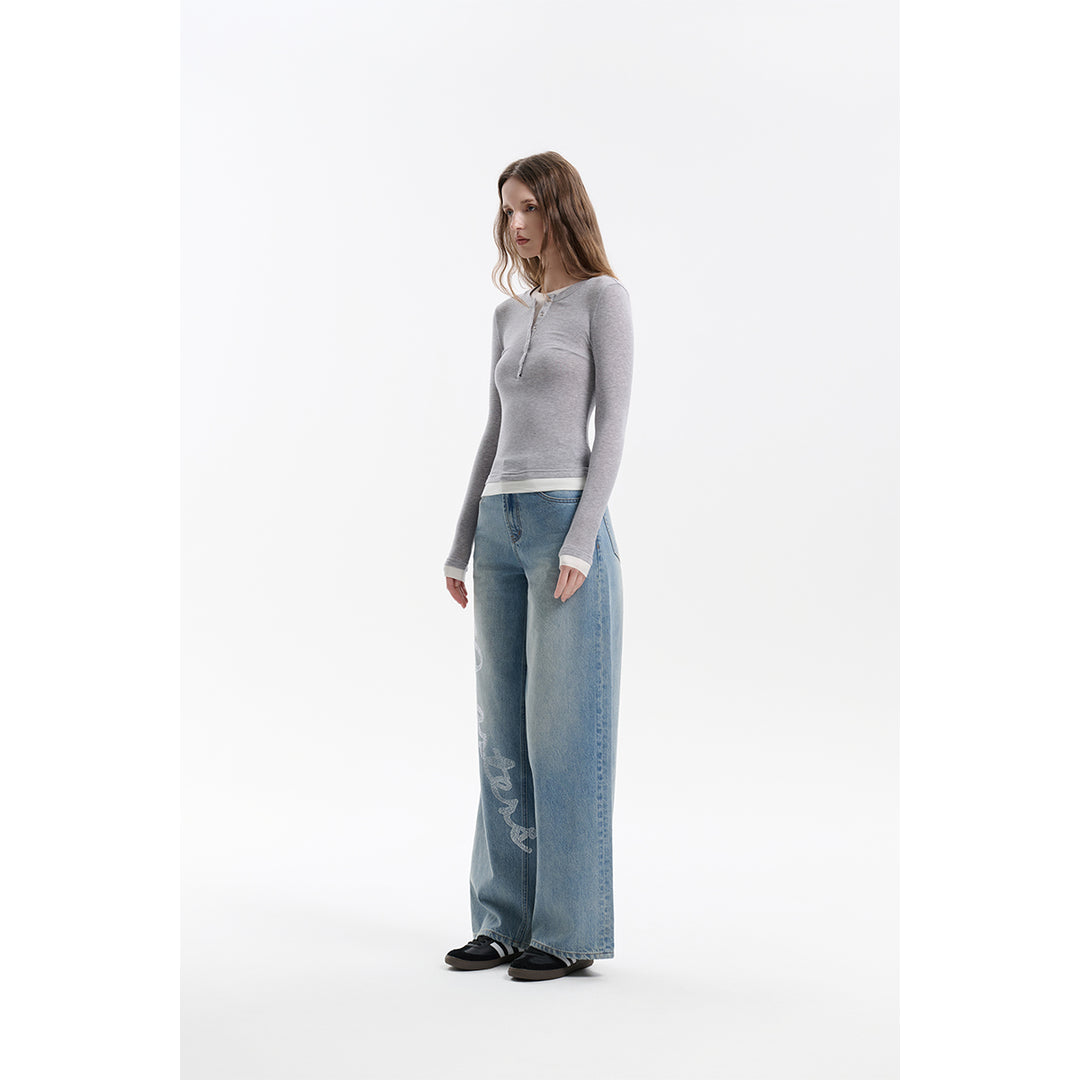 Three Quarters Hotfix Logo Loose Wide-Leg Jeans Blue