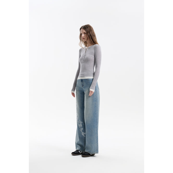 Three Quarters Hotfix Logo Loose Wide-Leg Jeans Blue