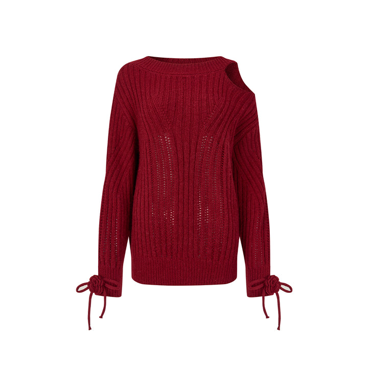 Via Pitti Rose Bow Irregular Collar Two-Way Sweater Red