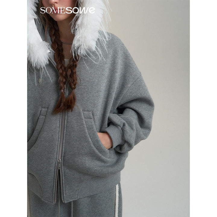 SomeSowe Detachable Fur Collar Hooded Top Jacket Gray