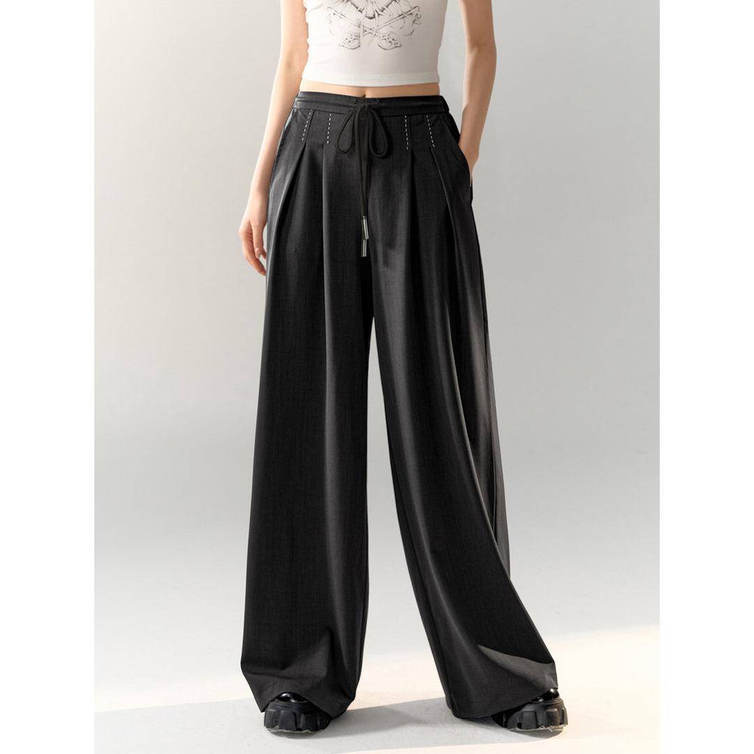 AsGony Stitching Drawstring Wide-Leg Suit Pants Black