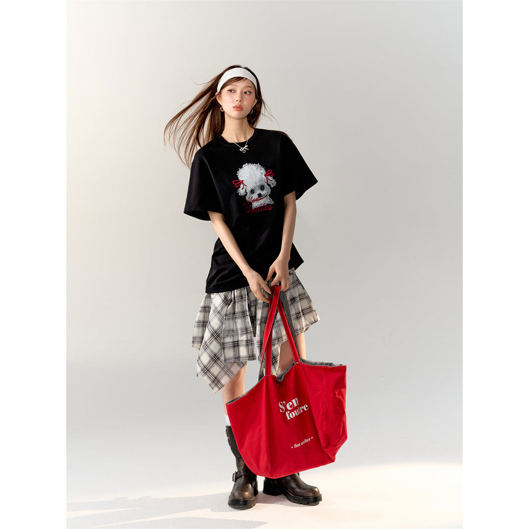 AsGony Puppy Printed Straight Shoulder T-Shirt Black