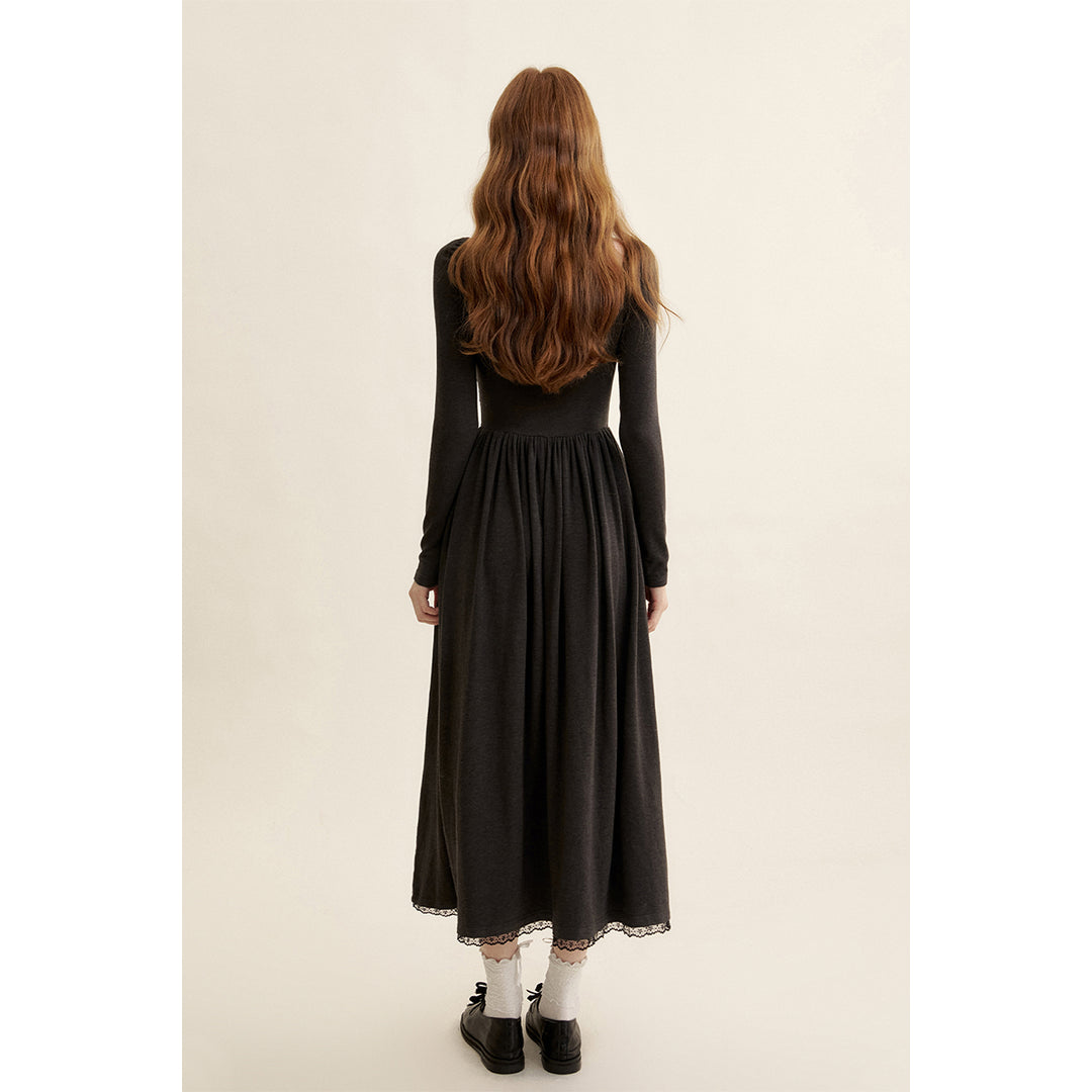 Kroche Velvet Bow Square Neck Waisted Dress Black