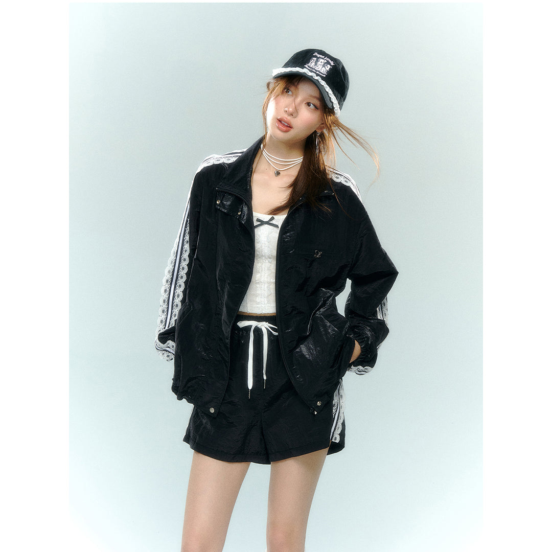AsGony Lace Patchwork Casual Shorts Black