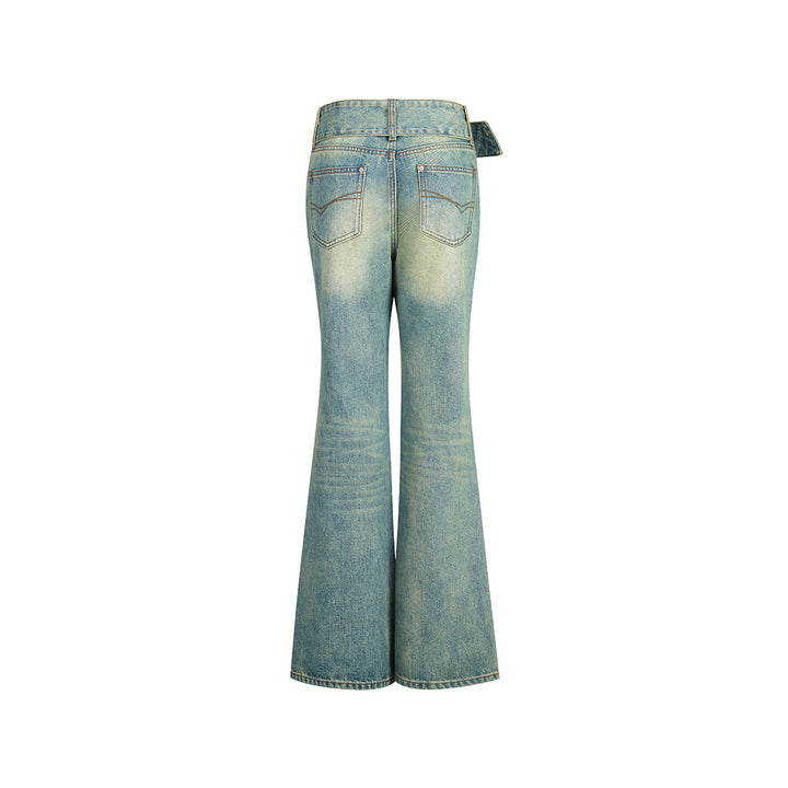 Three Quarters Distressed Washed Belt Flare Jeans Blue