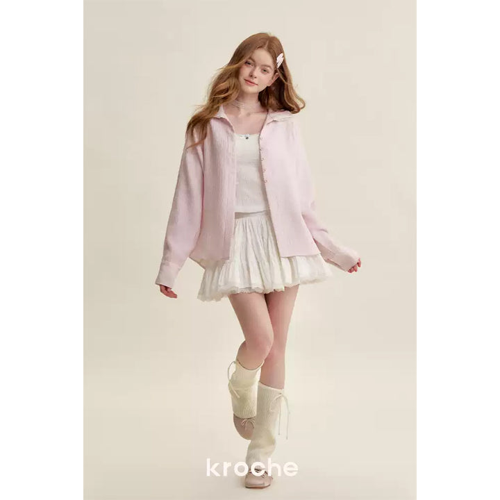 Kroche Lace Edge Patchwork Texture Loose Shirt Pink