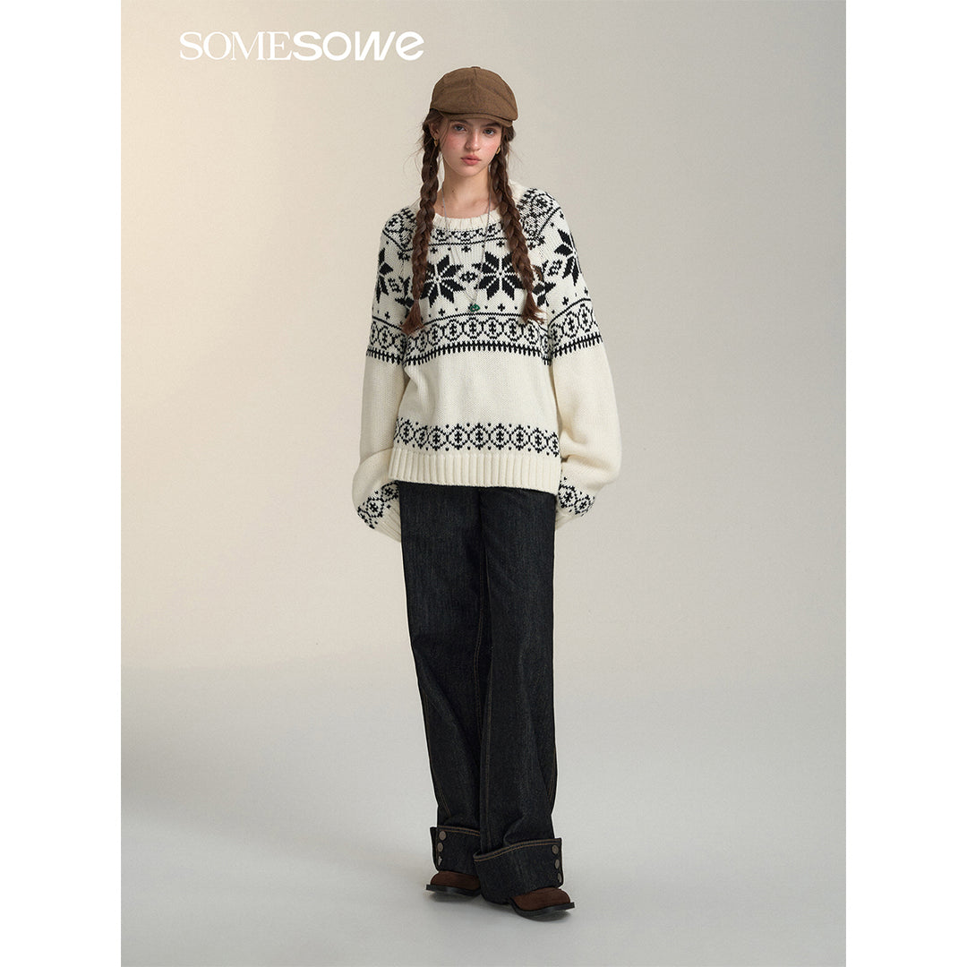 SomeSowe Vintage Jacquard Round-Neck Knit Sweater White