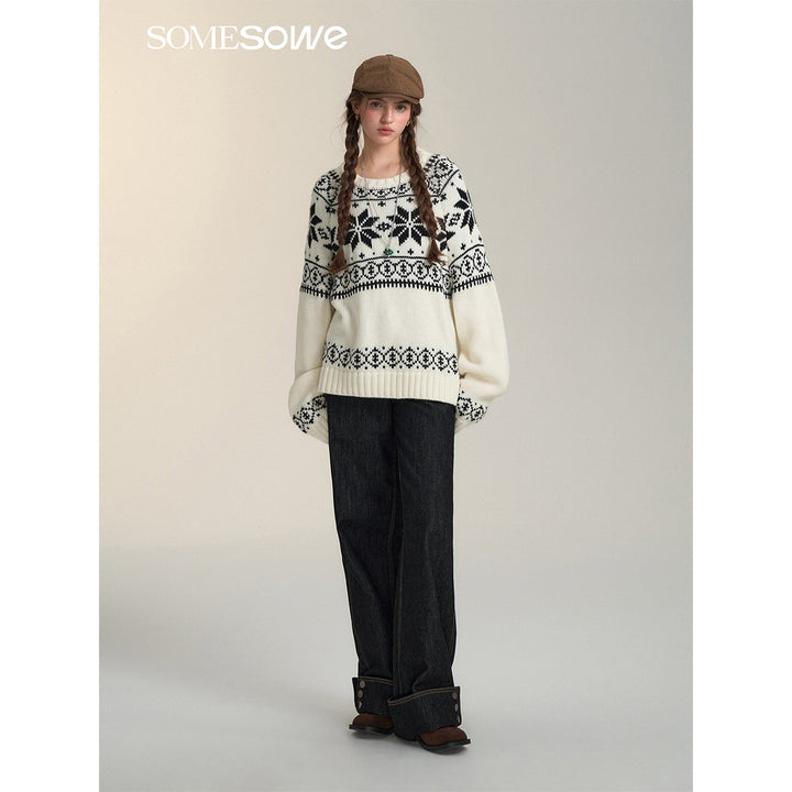 SomeSowe Vintage Jacquard Round-Neck Knit Sweater White