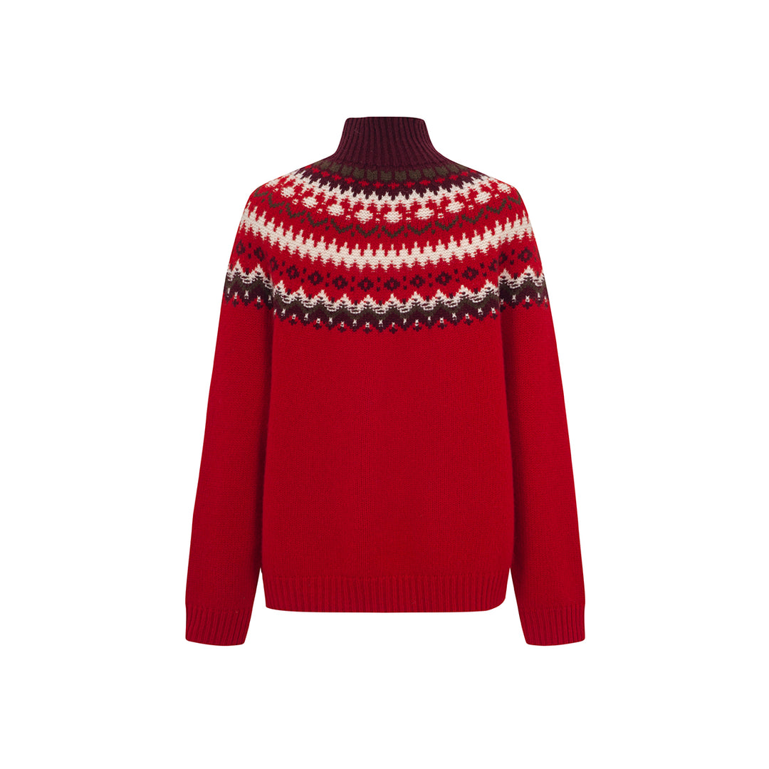 Three Quarters Fair Isle Jacquard Color Contrast High Collar Sweater Red