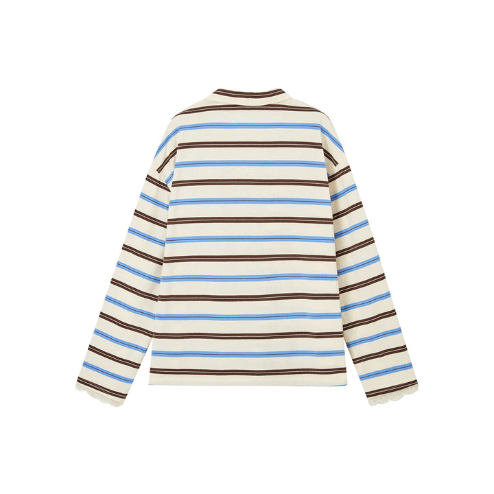 SomeSowe Lace Patchwork Striped Polo Long Sleeve T-Shirt