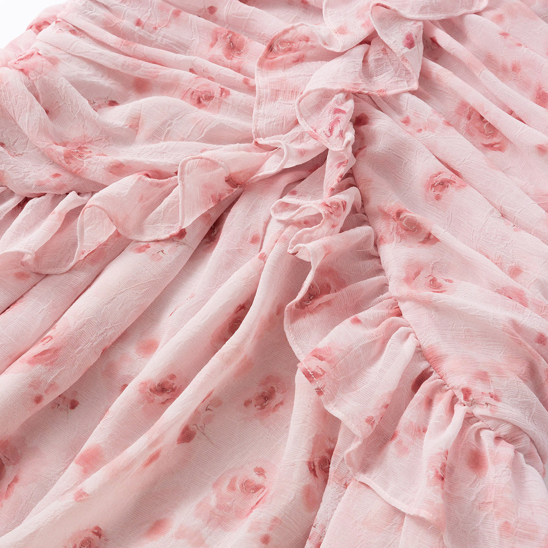 Eimismosol Ruffled Floral Wrinkle Halter Dress Pink