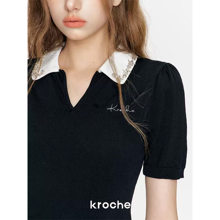 Kroche Hand Beaded Slim Short Knit Polo Top Black