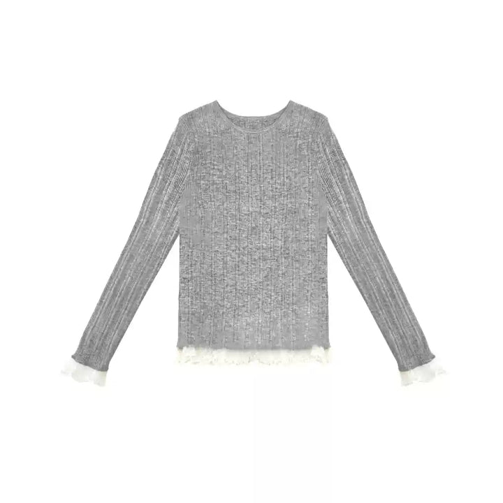 AsGony Blended Woolen Lace Edge Slim Knit Top Gray