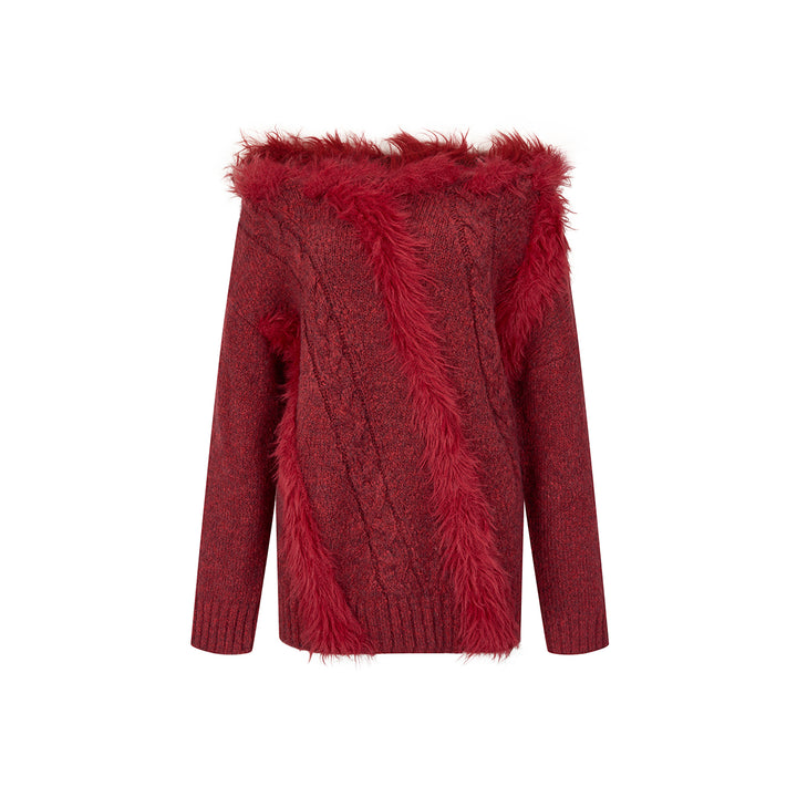 Via Pitti Off Shoulder Fur Integrated Knit Sweater Red