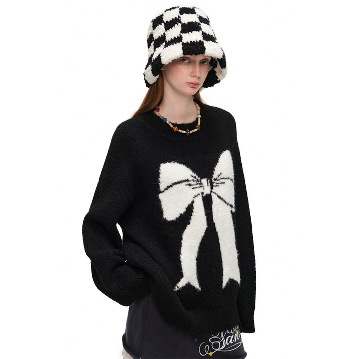 Alexia Sandra Contrast Color Bow Jacquard Knit Sweater Black