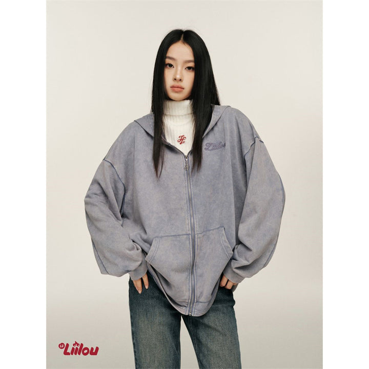 Liilou Logo Embroidery Zip Up Hoodie Washed Blue - Mores Studio