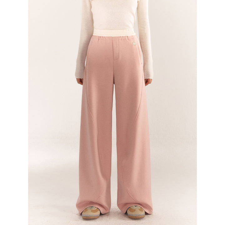 AsGony Contrast Color Elastic-Waist Casual Pants Pink