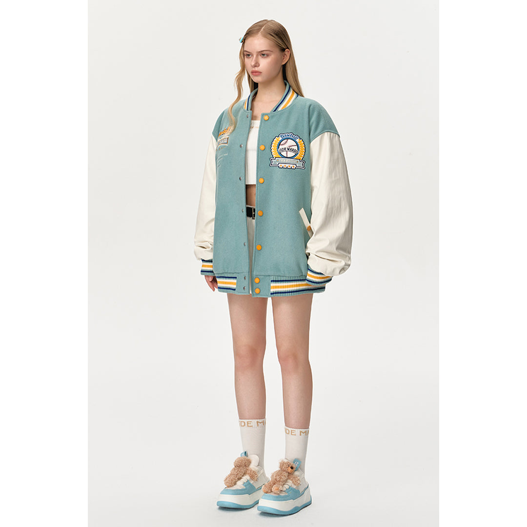 13De Marzo Color Blocked Bear Baseball Jacket Lake Blue