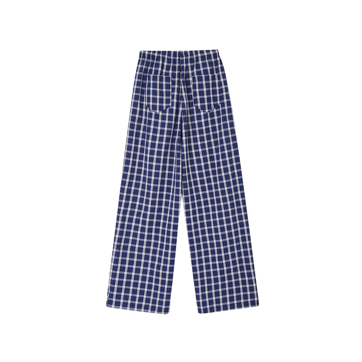 SomeSowe Drawstring Plaid Wide-Leg Pants Blue