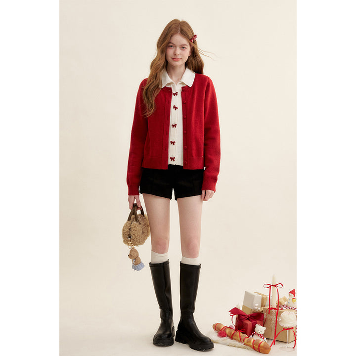 Kroche Color Blocked Fake-3-Piece Bow Woolen Cardigan Red