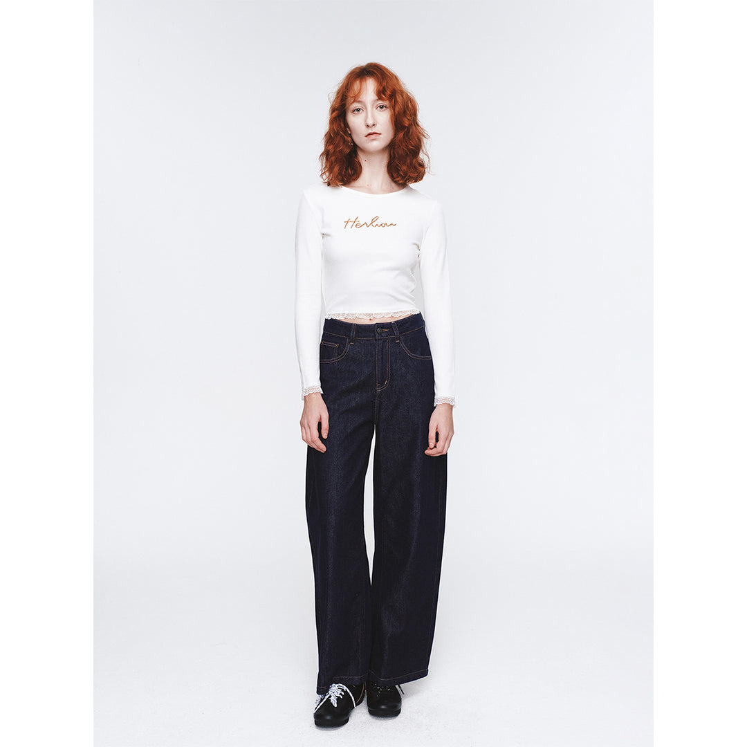 Herlian Embroidery Bow Wide-Leg Denim Pants