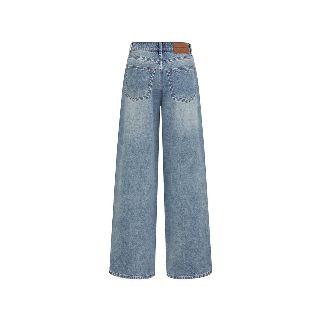 Three Quarters Hotfix Logo Loose Wide-Leg Jeans Blue