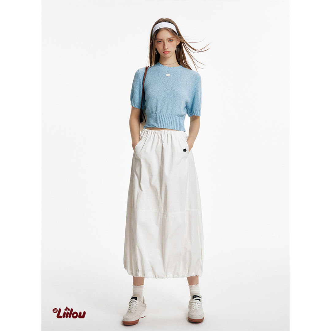 Liilou Elastic Waist Bud Drawstring Long Skirt White