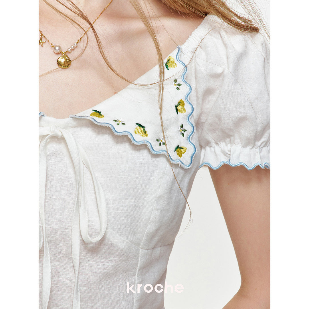 Kroche Lemon Embroidery Lace Up Shirt Top White