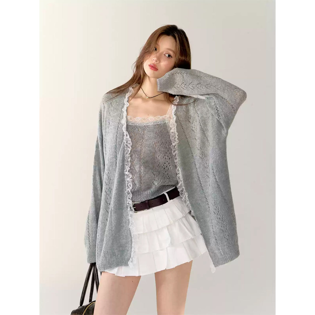 AsGony Lace Edge Hollow Cutting Knit Slip Vest Gray