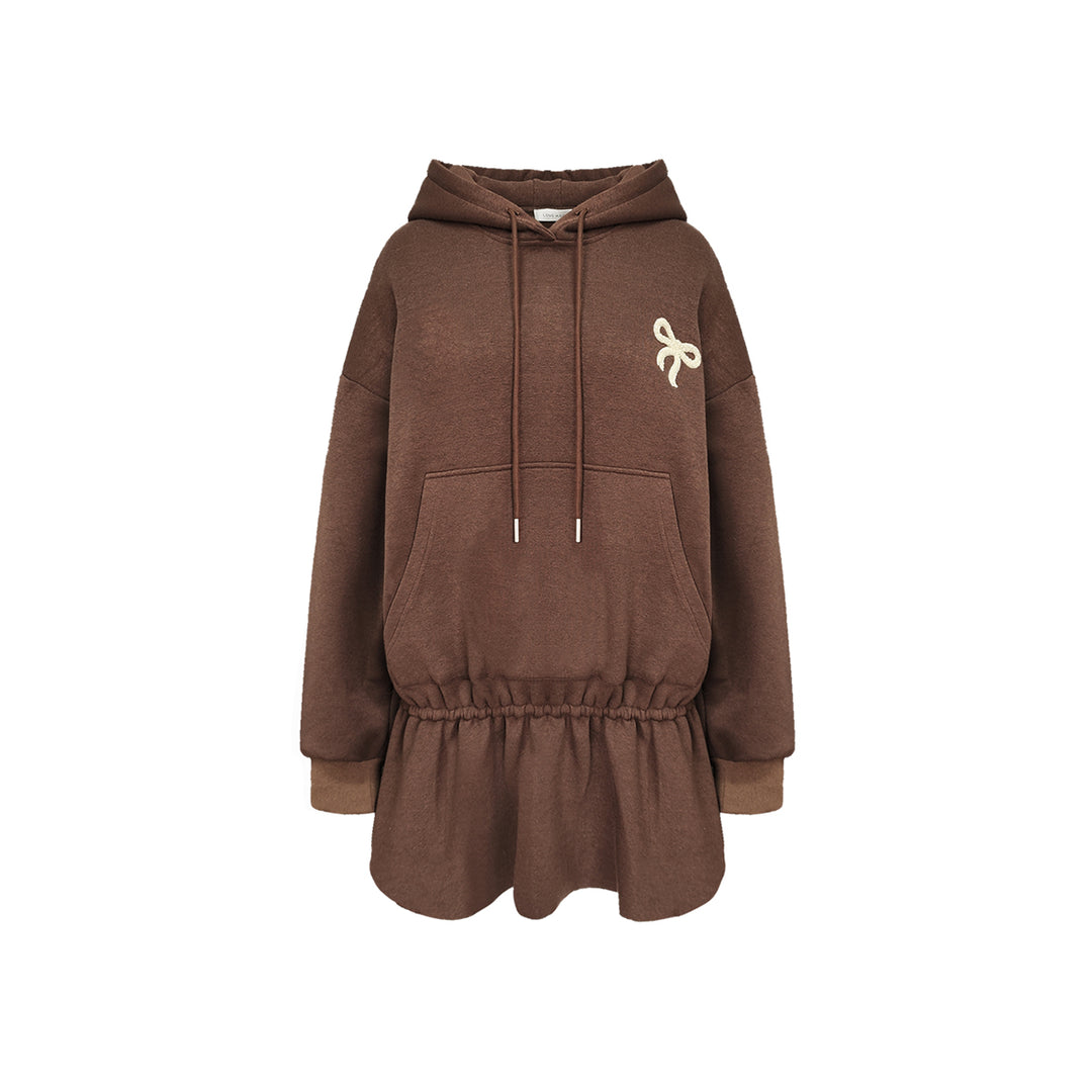 AsGony Bow Tie Hooded Waisting Sweat Dress Brown