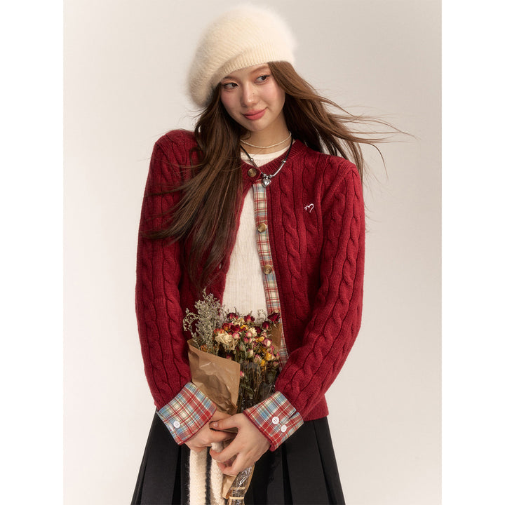 AsGony Blended Woolen Plaid Patchwork Knit Cardigan Red