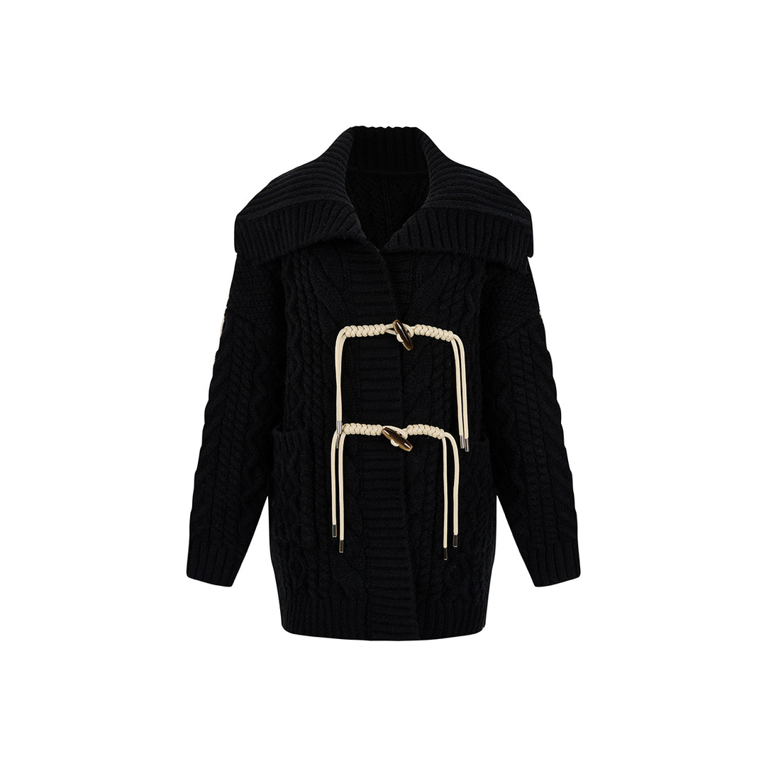 Via Pitti Horn Button Twisted Knit Cardigan Black - Mores Studio