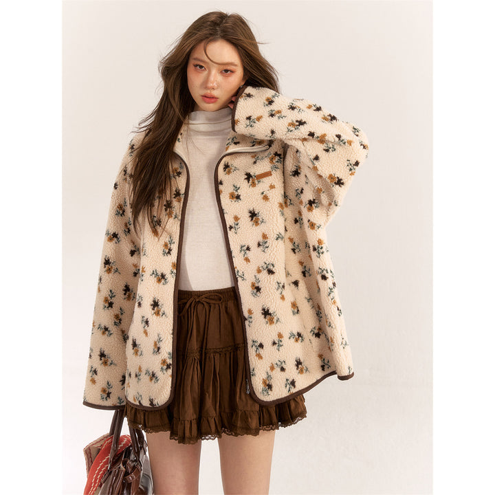 AsGony Retro Floral Lapel Woolen Padded Jacket