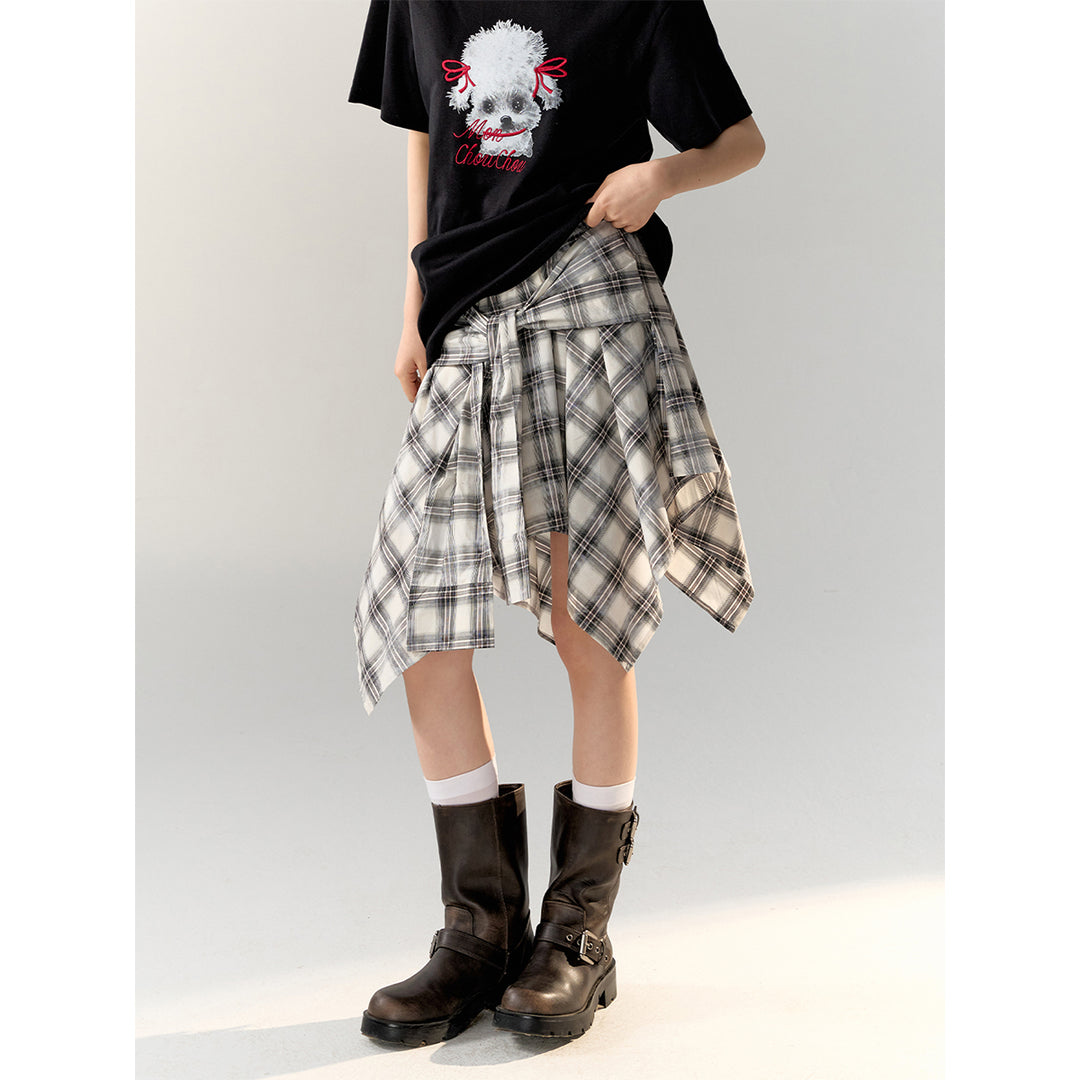 AsGony Irregular Bow Tie Plaid Skirt Black