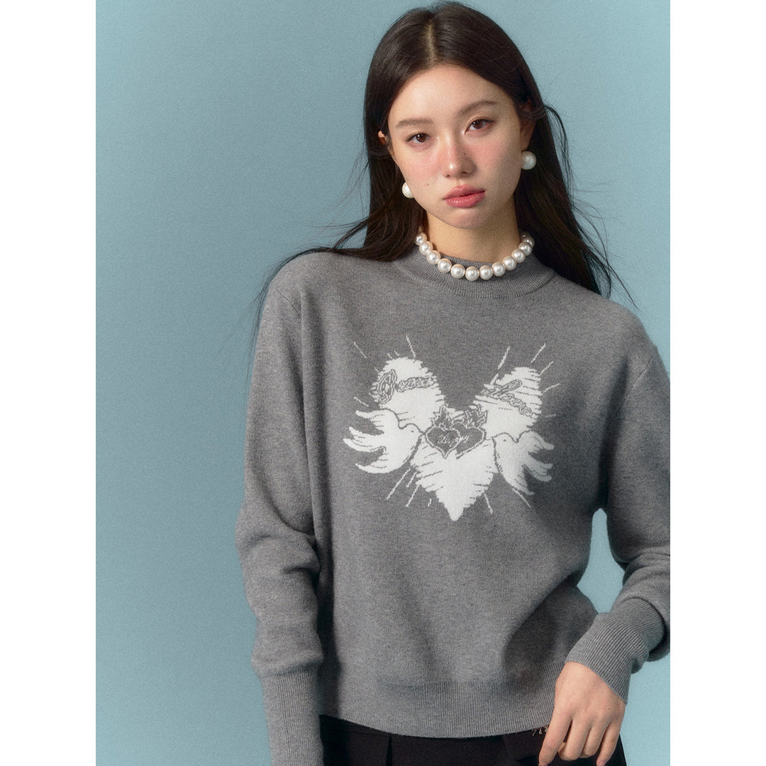 AsGony Heart Printed Crew Neck Sweater Grey