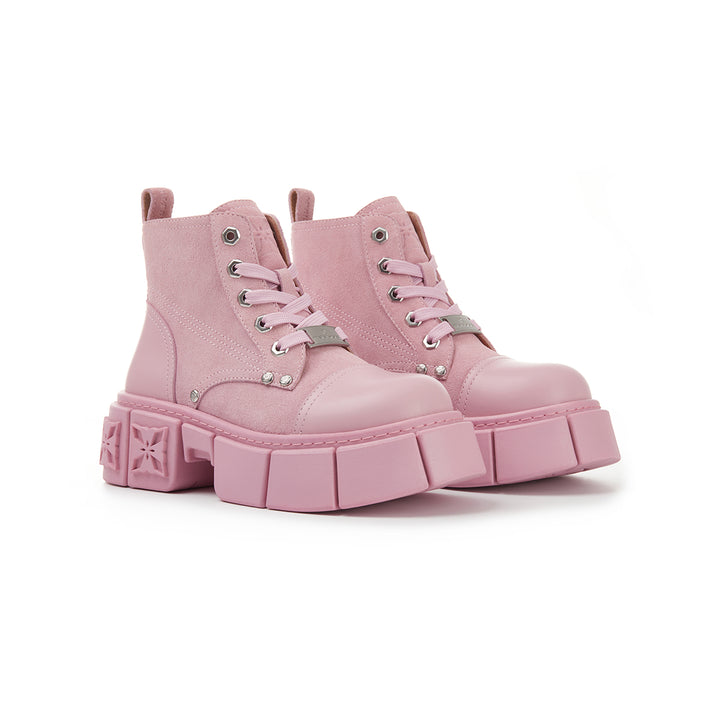 Trapar Waves Thick-Soled Logo Casual Leather Boots Pink