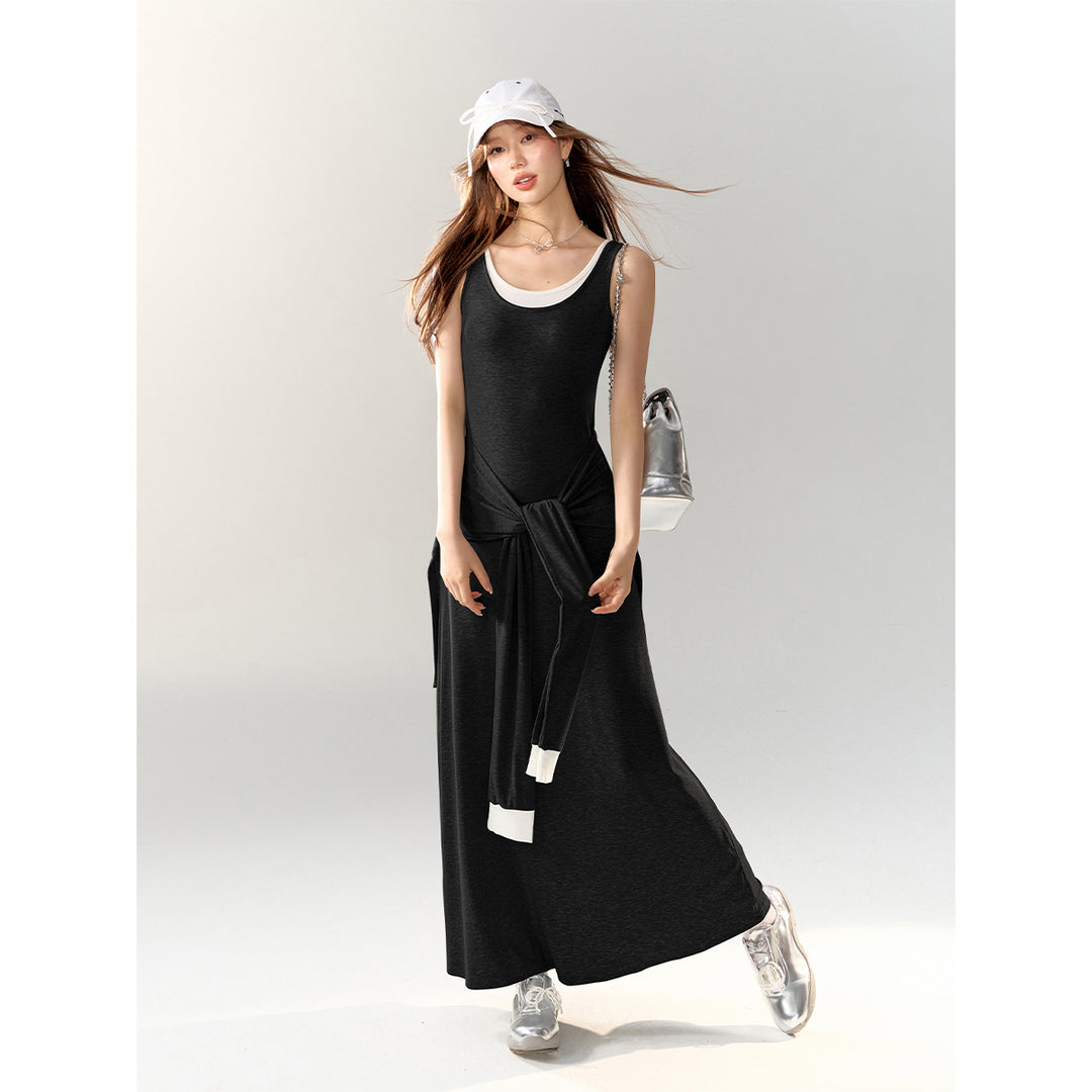 AsGony Fake-2-Piece Strap Knit Vest Long Dress Black