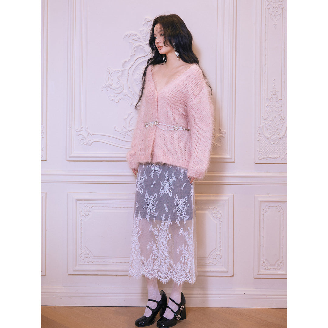 Rocha Roma Mohair V-Neck Knitted Cardigan Pink