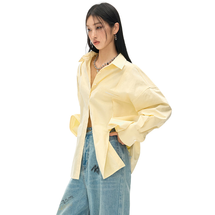 NotAwear Logo Embroidery Casual Oversized Shirt Yellow - Mores Studio