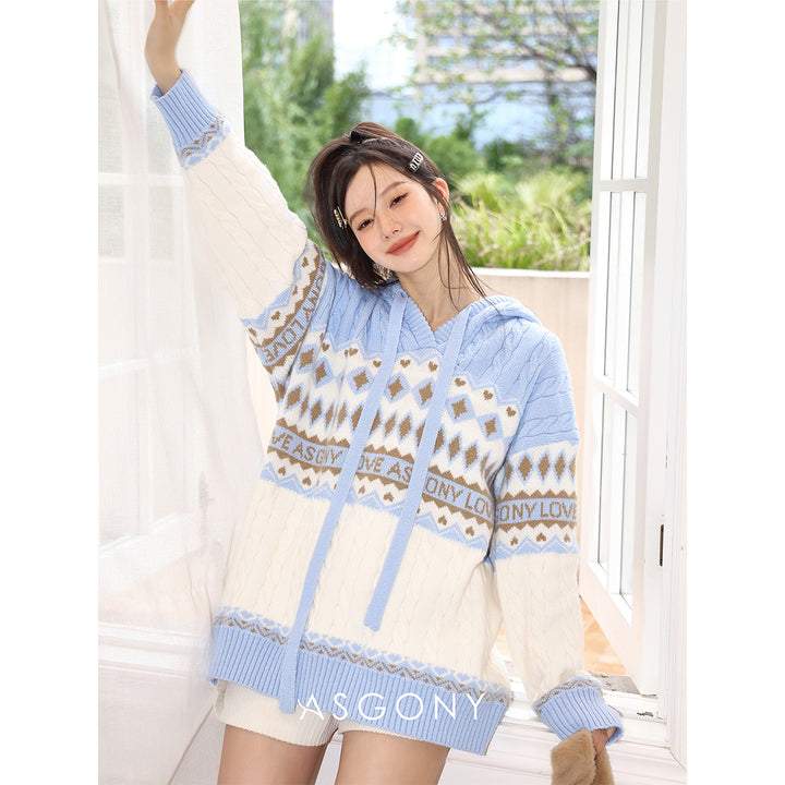 AsGony Fair Isle Oversized Knit Sweater Baby Blue - Mores Studio