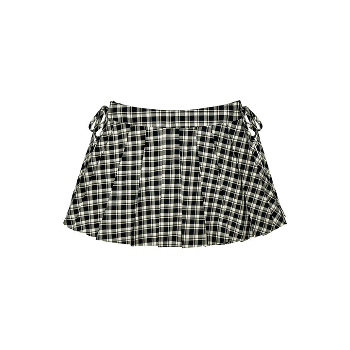 SomeSowe Bow Lace Up Plaid Pleated Skirt