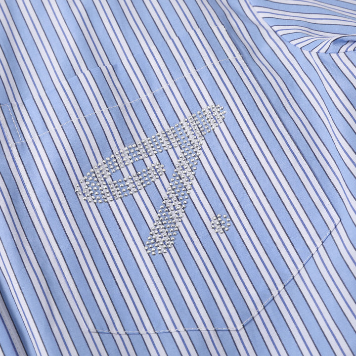 Three Quarters Color Blocked Rhinestone Logo Striped Shirt - Mores Studio