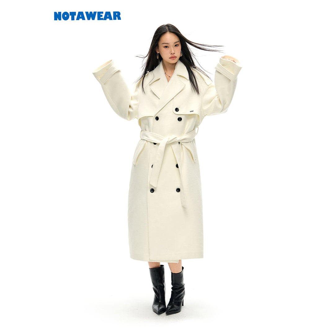 NotAwear Double-Breasted Woolen Long Coat White - Mores Studio