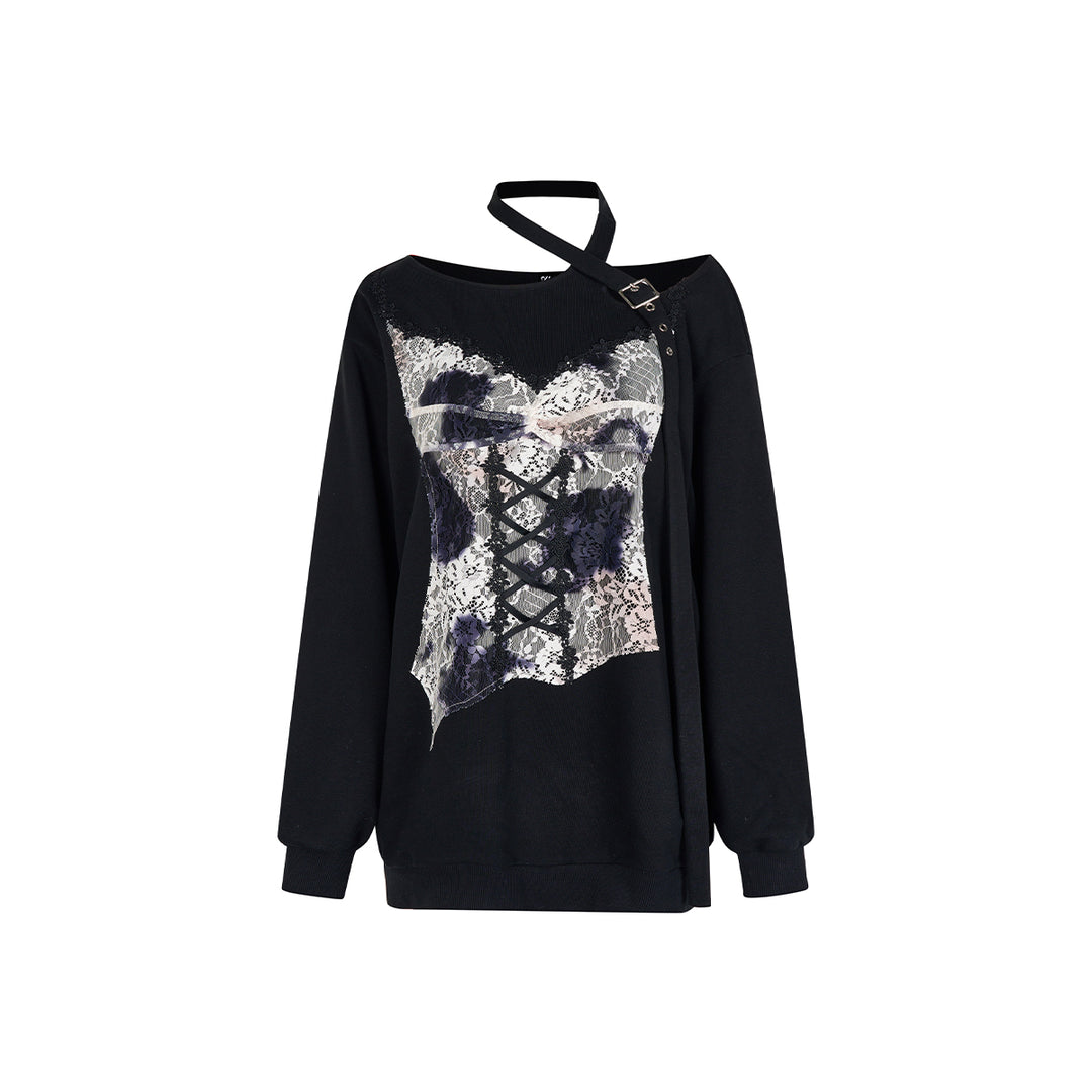 Via Pitti Special Lace Patchwork Off Shoulder Sweater Black