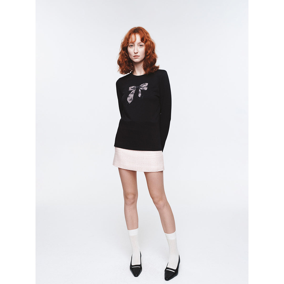 Herlian Bow Pattern Embroidery L/S T-Shirt Black