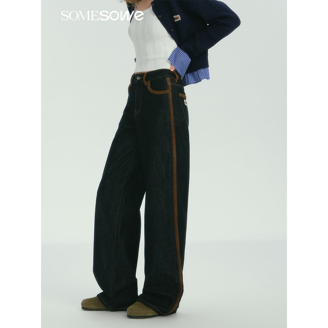 SomeSowe Suede Patchwork Wide-Leg Jeans Dark Blue