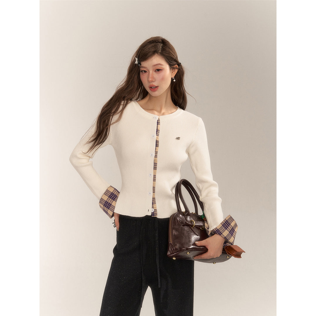 AsGony Retro Plaid Patchwork Slim Knit Cardigan White