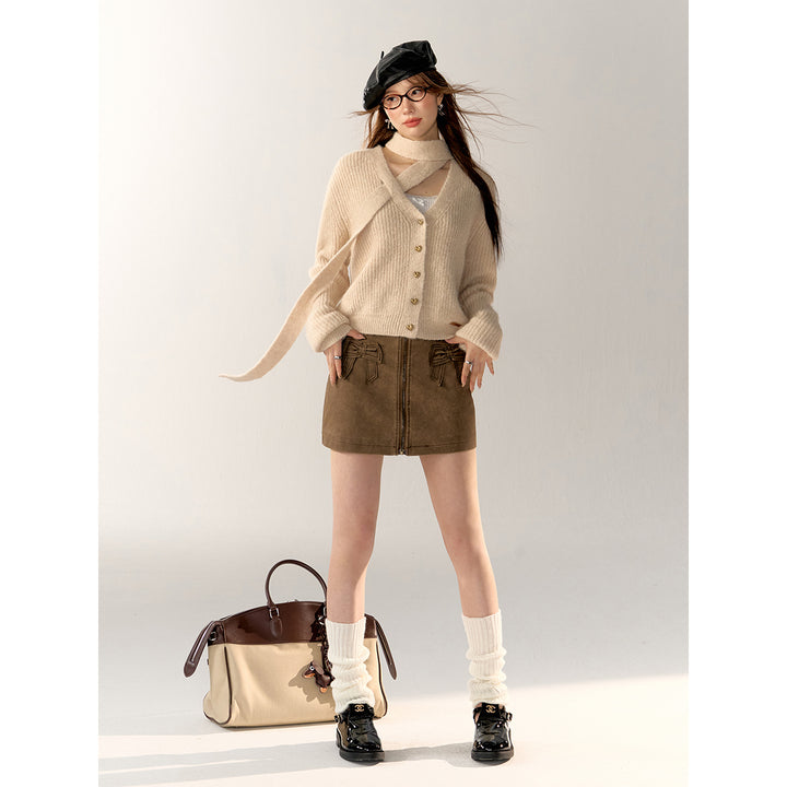 AsGony V-Neck Halter Ribbon Short Knit Cardigan Khaki