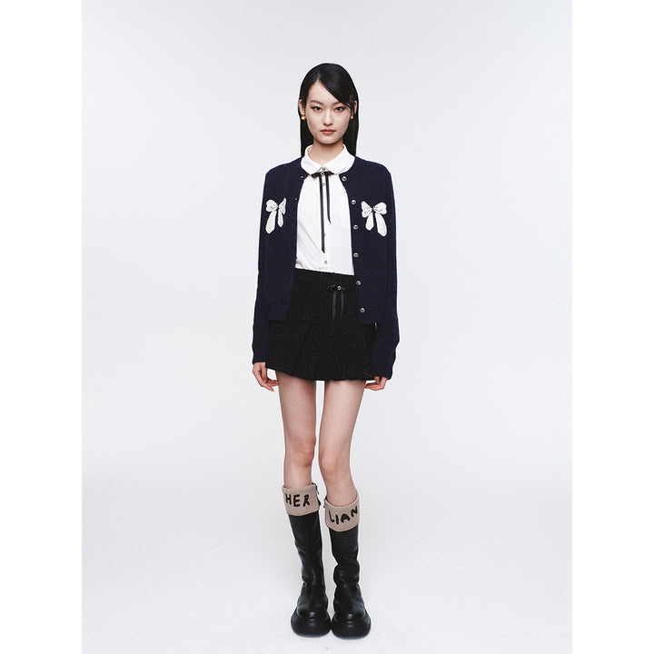 Herlian Contrast Color Bow Knitted Cardigan Navy Blue